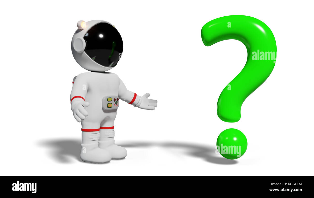 Astronaute, personnage 3d personne en face d'un point d'interrogation vert (3d illustration isolé sur fond blanc) Banque D'Images