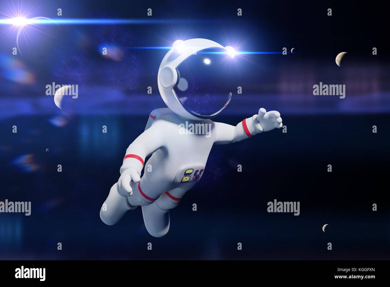 Cartoon caractères astronaute dans l'espace blanc costume dans l'avant des planètes et lunes (rendu 3d) Banque D'Images