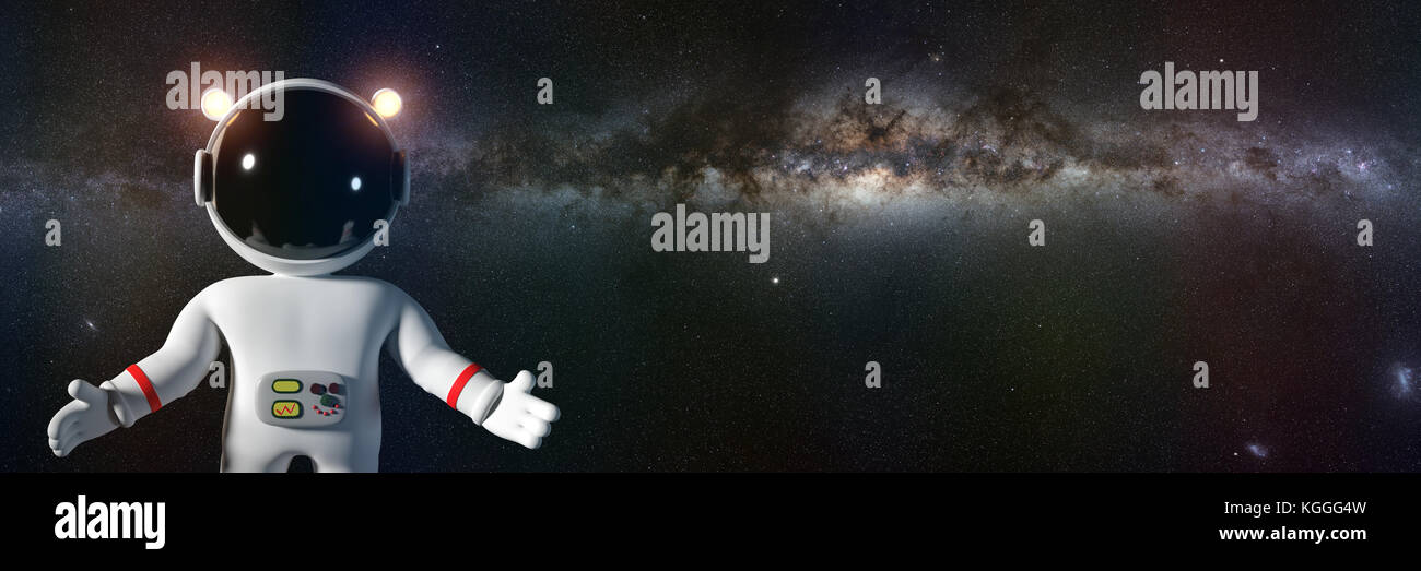 Cute cartoon astronaute dans l'espace blanc de même en face de la voie lactée (3d illustration bannière) Banque D'Images