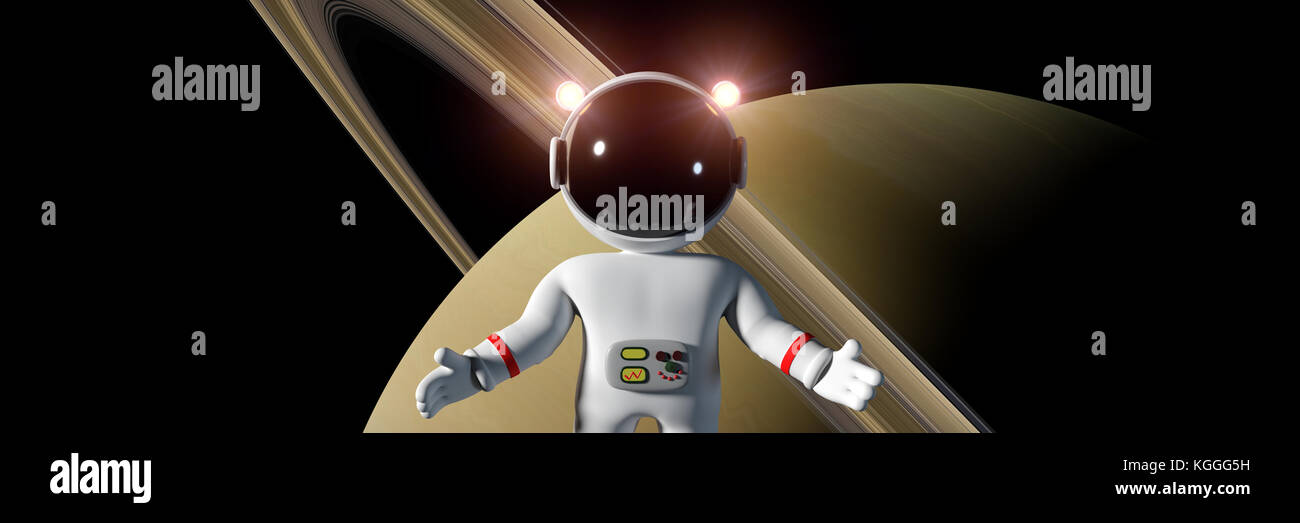 Cute cartoon astronaute dans l'espace blanc de même en face de la planète Saturne (3d illustration bannière) Banque D'Images