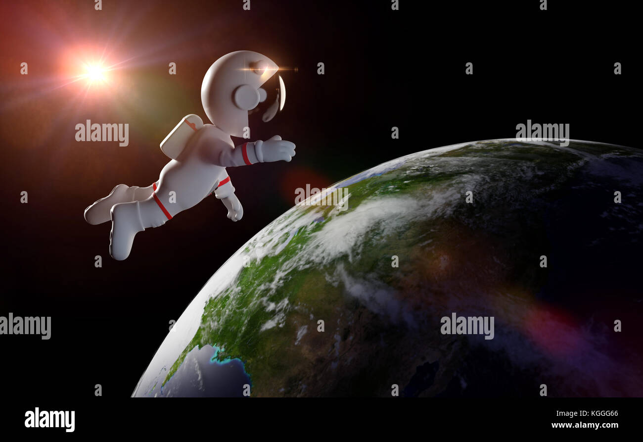 Cute cartoon astronaute en orbite de la planète terre éclairé par le soleil (illustration 3d) Banque D'Images