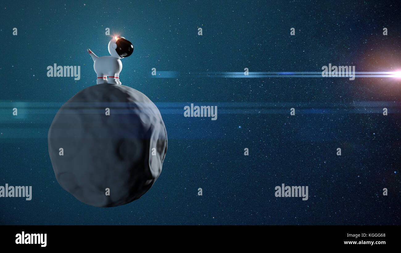 Cute cartoon space dog en combinaison spatiale blanche debout sur un astéroïde en face de l'étoile (illustration 3d) Banque D'Images