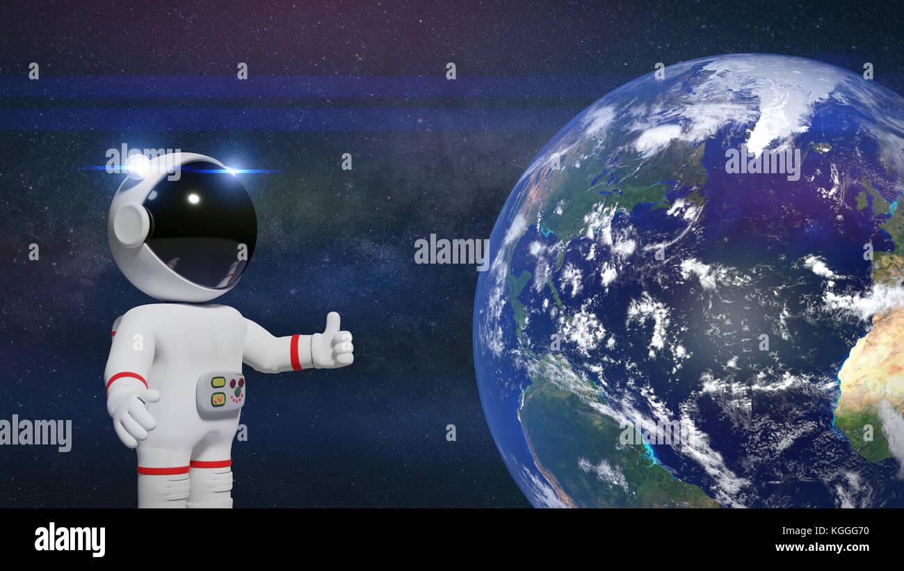 L'astronaute cartoon character with Thumbs up Présentation de la planète terre (3d illustration bannière, éléments de cette image sont meublées par la NASA) Banque D'Images