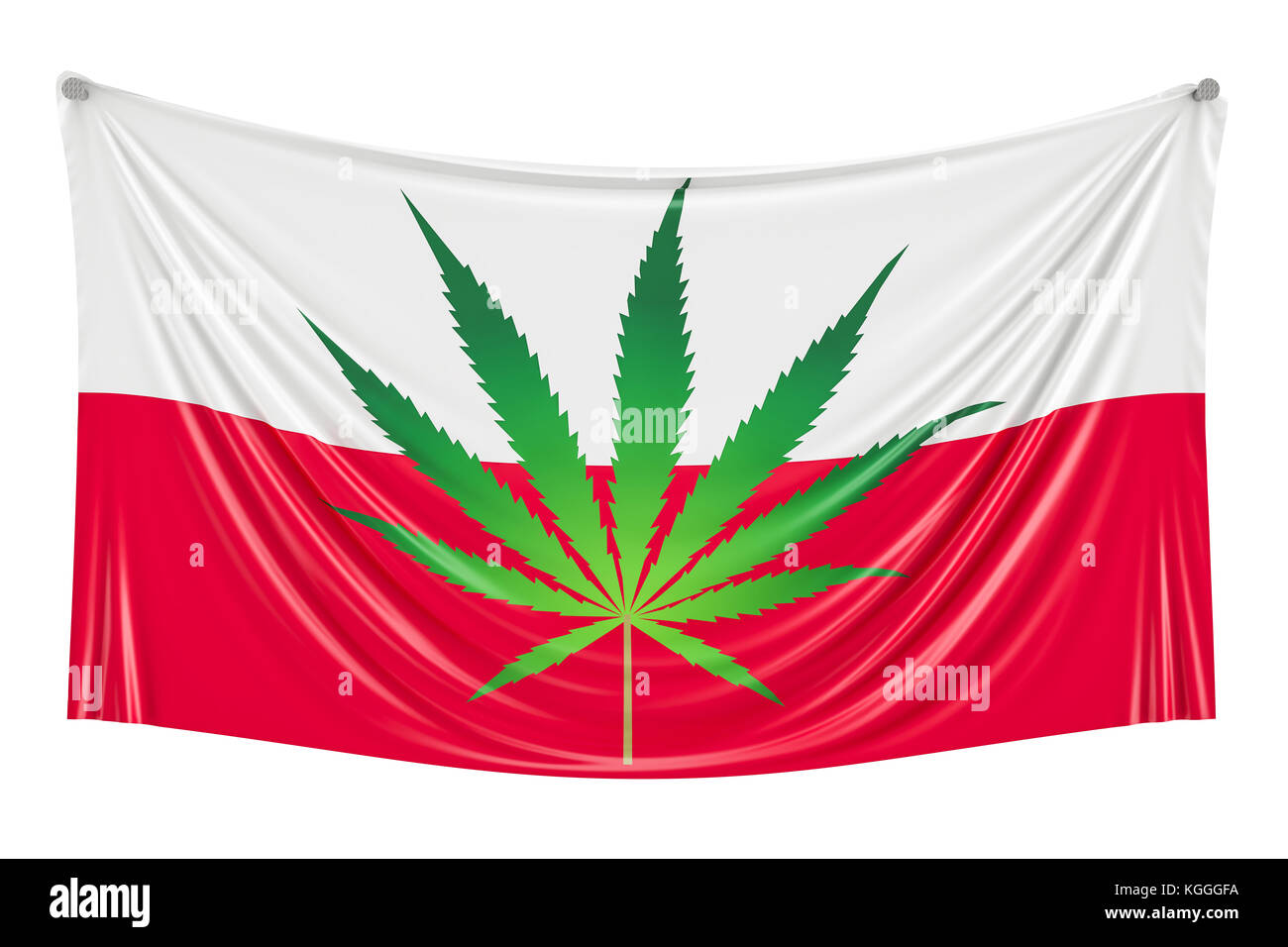 Légalisation du cannabis en France. Drapeau polonais avec des feuilles de marijuana accroché au mur, 3D Rendering Banque D'Images