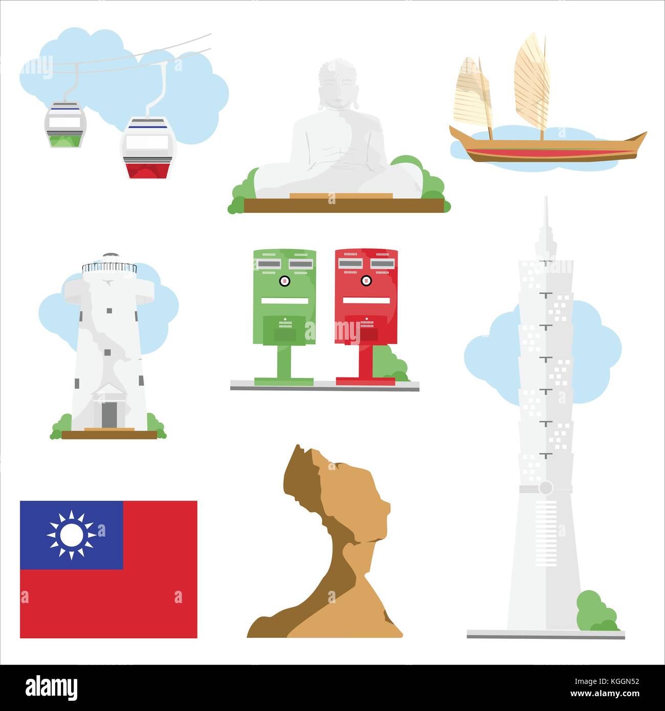 La carte de voyage de Taiwan d'illustration vectorielle avec des symboles plus célèbre 101 tapei, phare, tête queen rock, boîte aux lettres, vieux navire, station du téléphérique, un monument de Bouddha Illustration de Vecteur