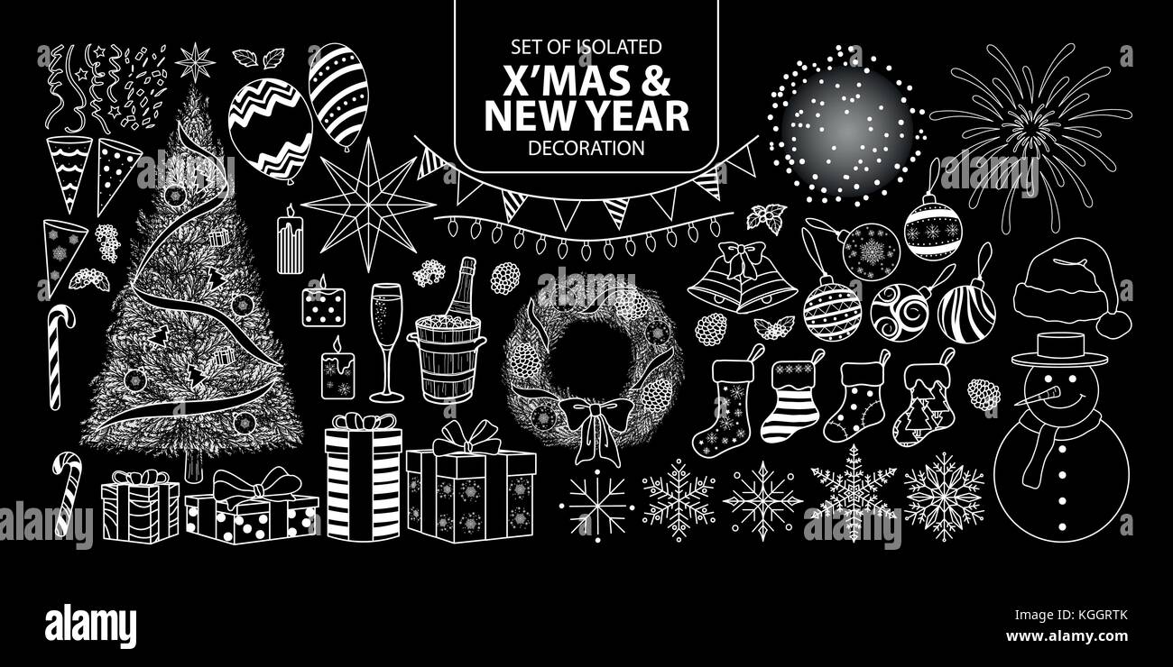 Ensemble de décoration pour noël isolé et nouvelle année. vector illustration seulement contour blanc sur fond noir. Illustration de Vecteur