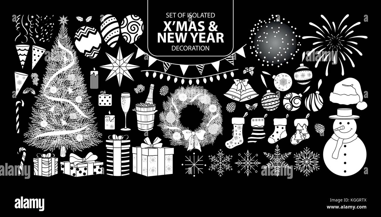 Ensemble de décoration silhouette blanche isolée pour noël et nouvel an. vector illustration en avion blanc aucun contour sur fond noir. Illustration de Vecteur