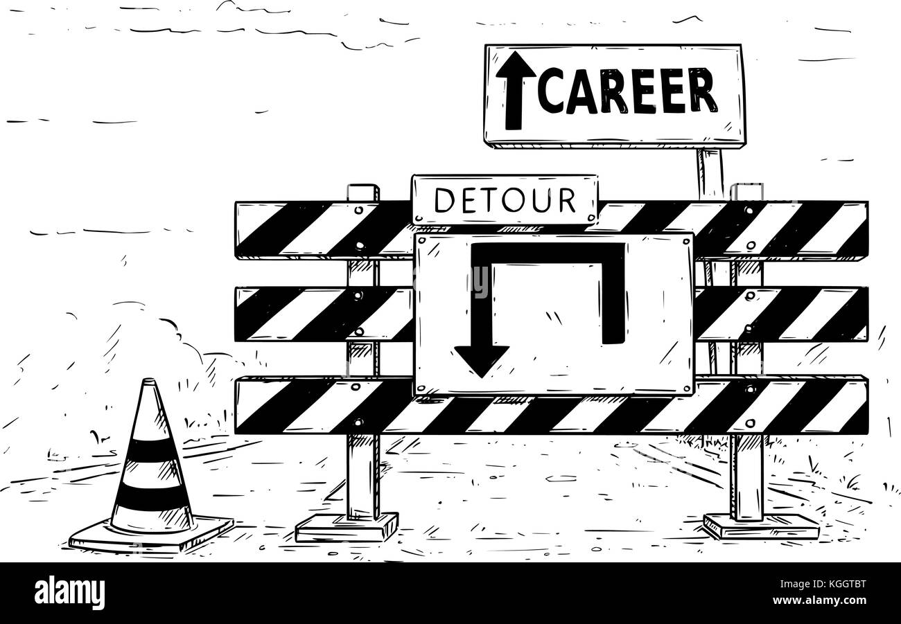 Vector cartoon encombrement du trafic routier arrêt bloc détour avec panneaux de carrière. Illustration de Vecteur