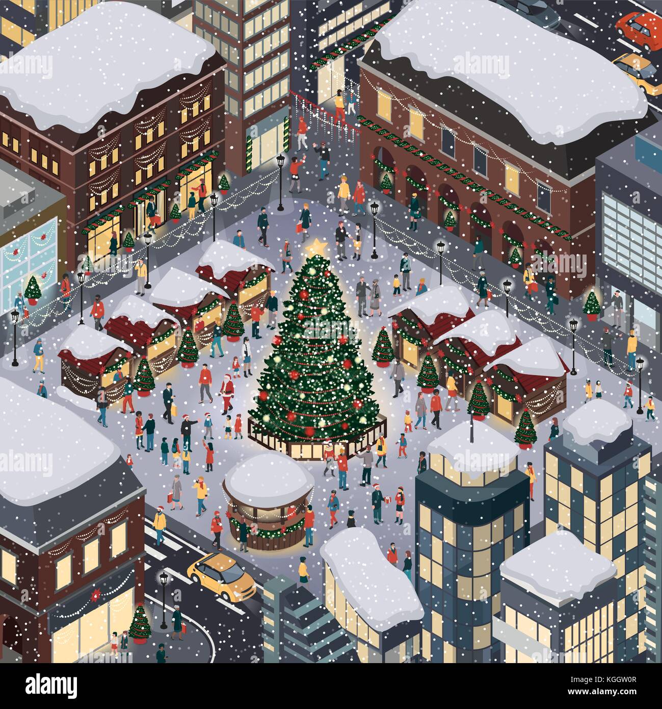 Heureux les gens rassembler et célébrer Noël dans la place de la ville autour d'un arbre sous la neige Illustration de Vecteur