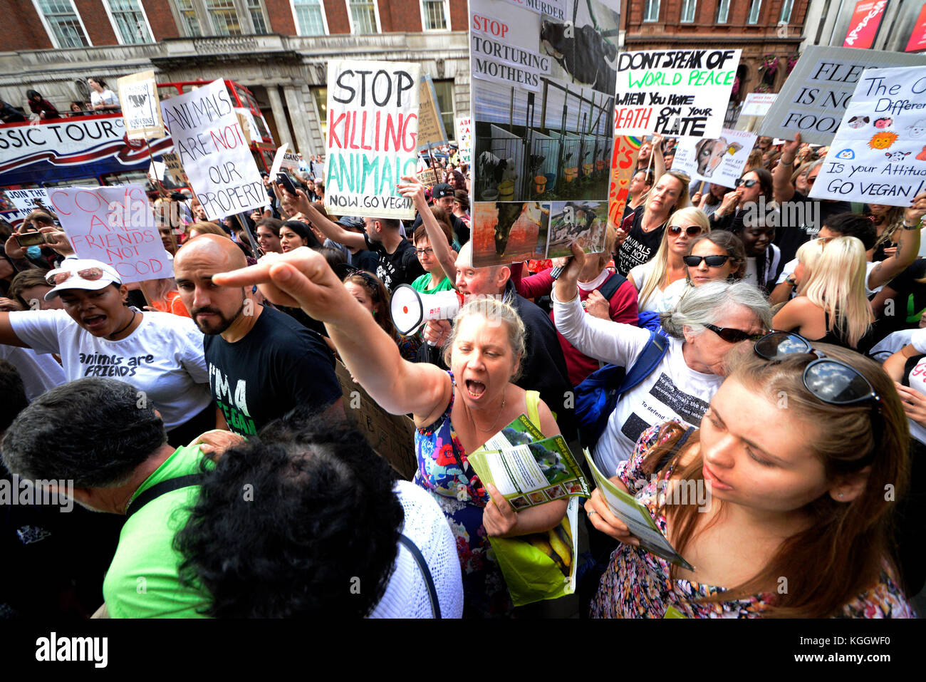 Protestant contre les militants végétaliens dans Whitehall Londres pendant une manifestation de protestation pour les droits des animaux mars rallye. Des pancartes. Les femmes Banque D'Images