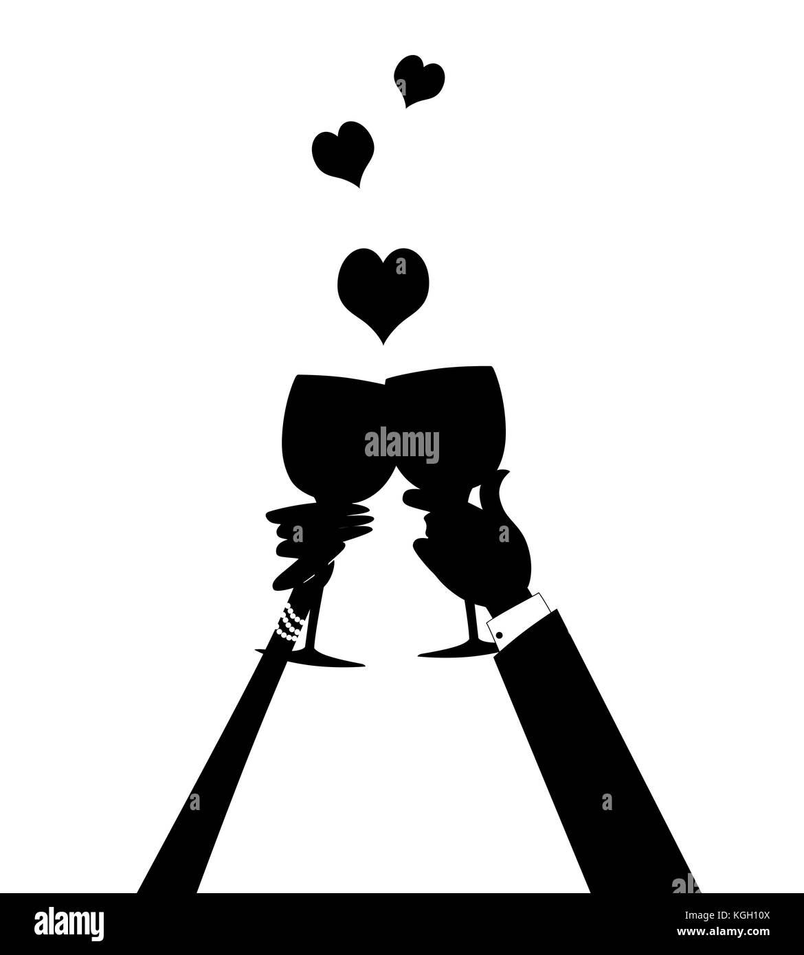 Silhouette d'un homme et des mains d'une femme serrant des verres à vin ensemble dans un toast avec des coeurs Banque D'Images