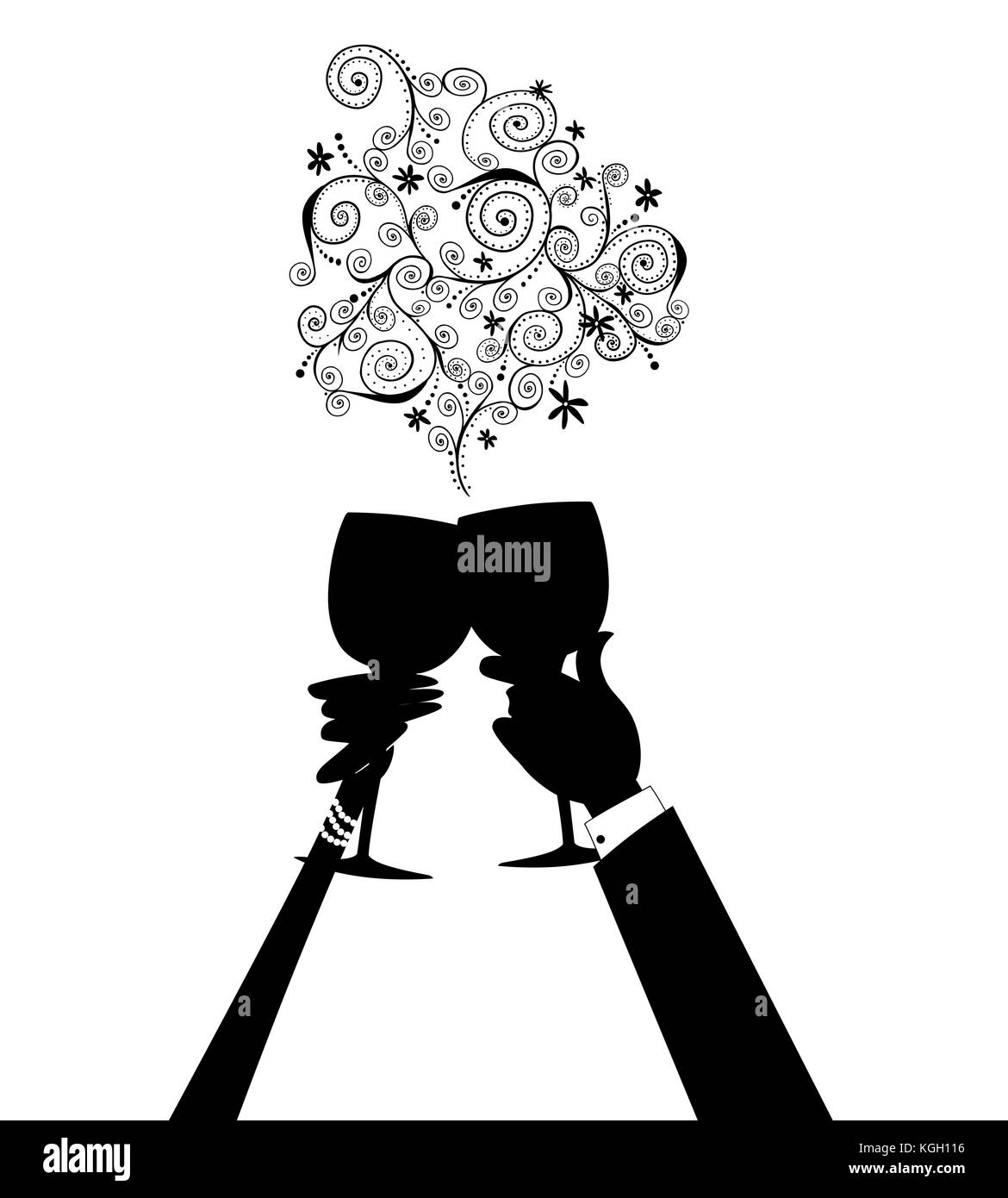 Silhouette d'un homme et des mains d'une femme serrant des verres à vin ensemble dans un toast Banque D'Images