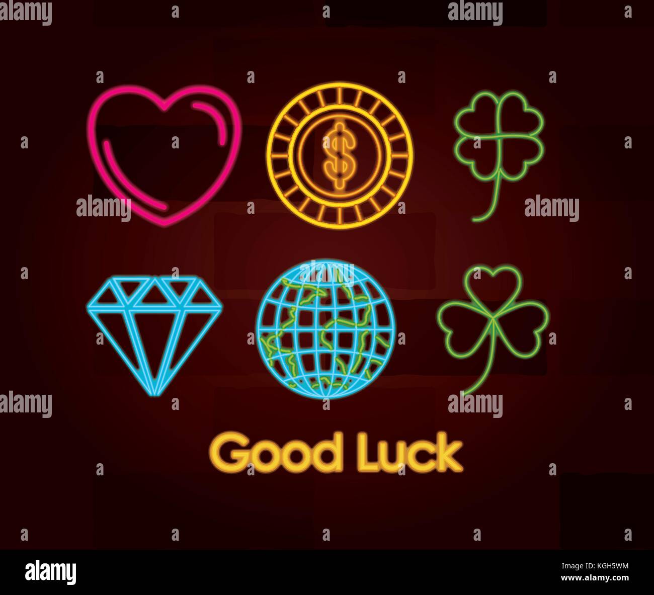 Bonne chance jeu de symboles en néon sur mur de brique Illustration de Vecteur