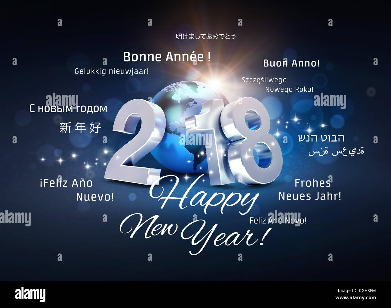 2018 Nouvelle année type composé d'une planète bleue, la terre entourée de mots de voeux en plusieurs langues - 3d illustration Banque D'Images