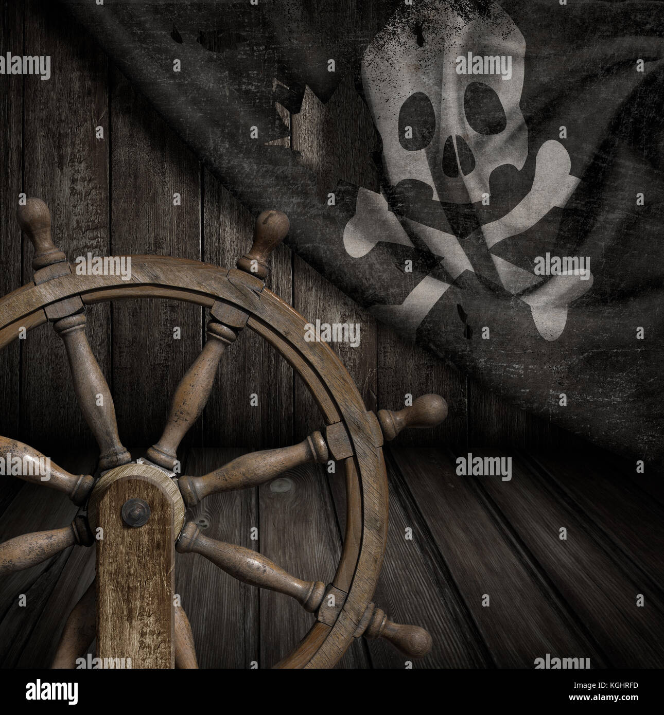 Bateau de pirates volant avec vieux Jolly roger flag 3d illustration Banque D'Images