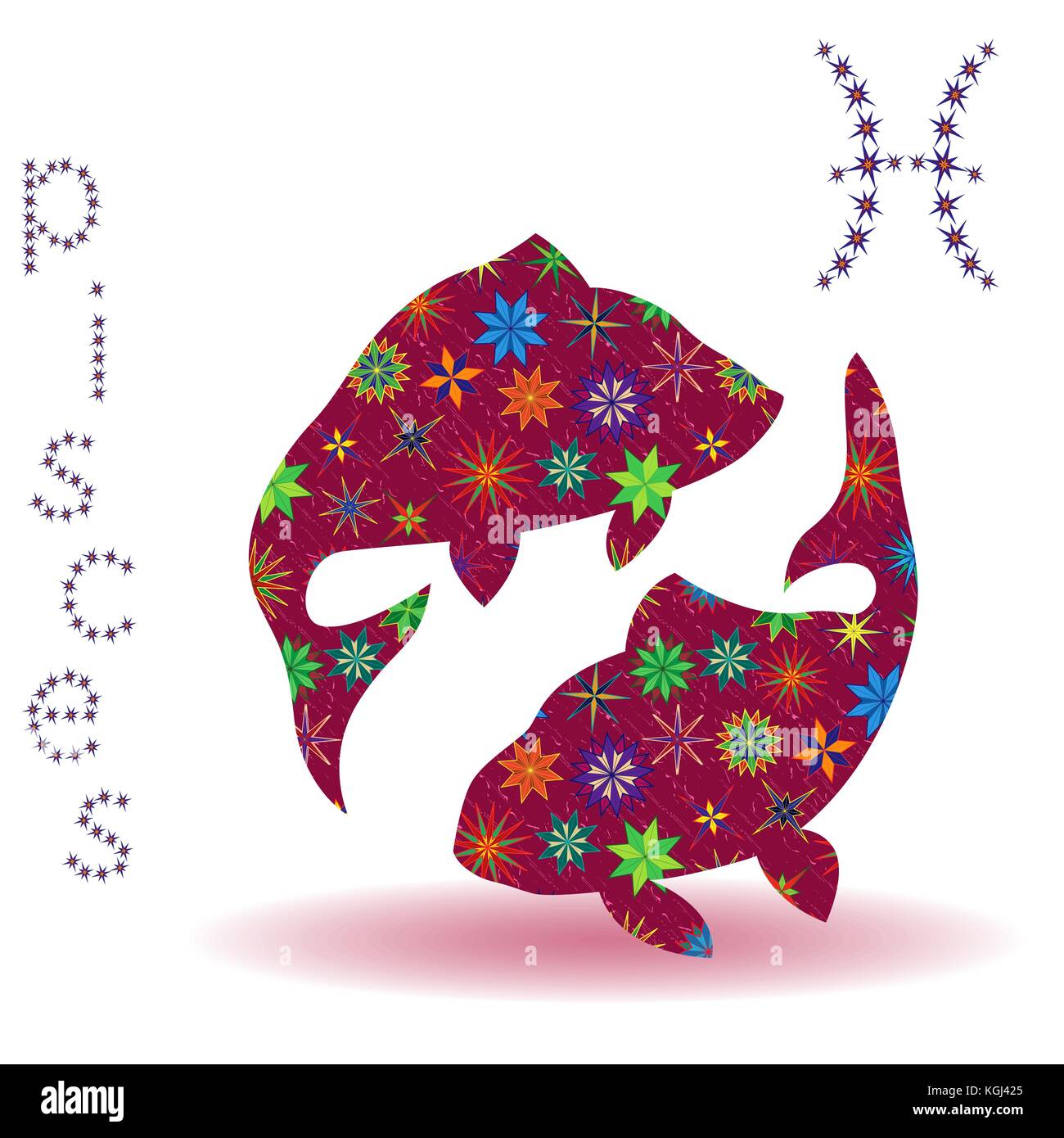 Signe astrologique Poissons, silhouette vecteur claret avec étoile multicolore stylisé isolé sur fond blanc Illustration de Vecteur