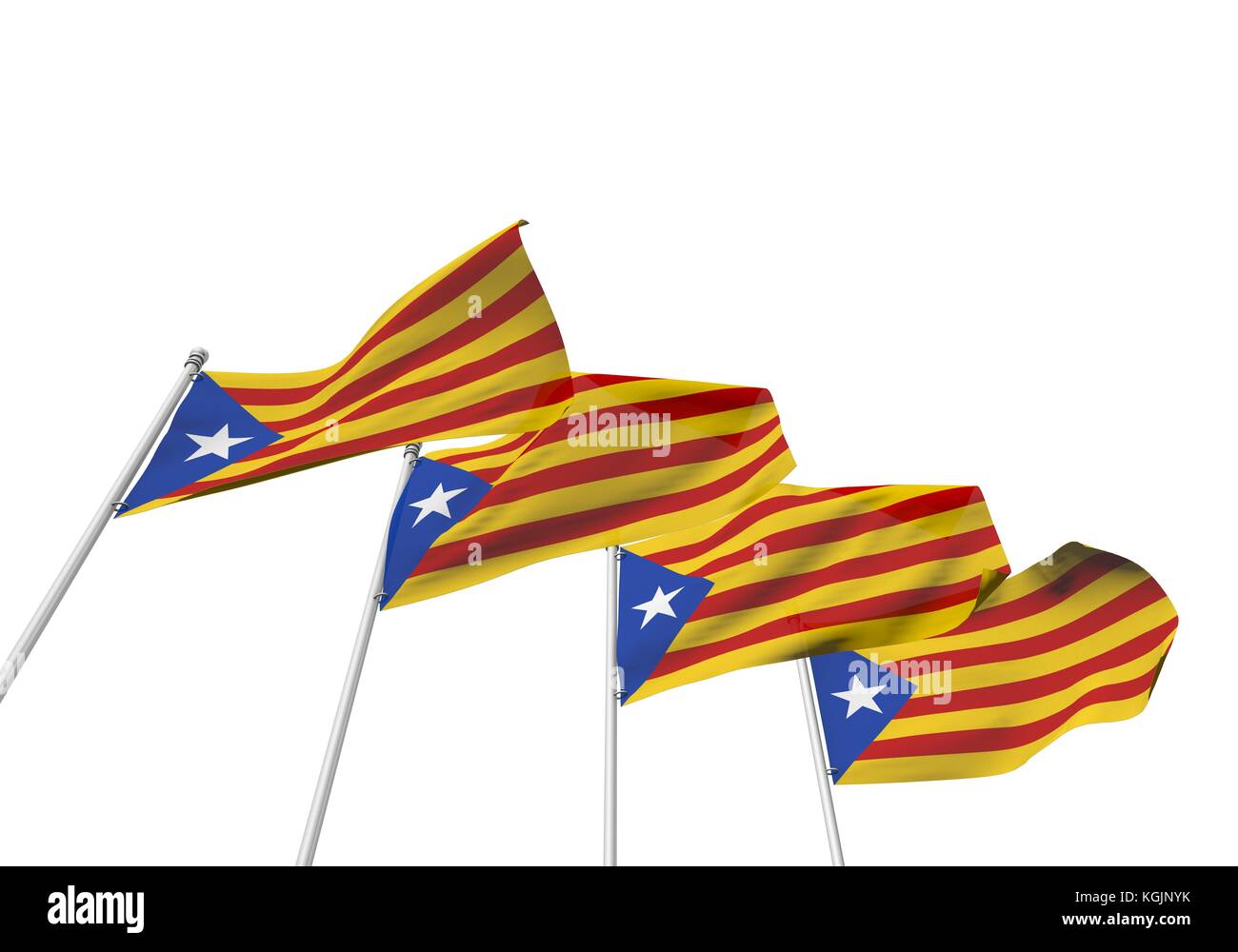 Drapeaux catalan dans une rangée avec un fond blanc. Le rendu 3D Banque D'Images