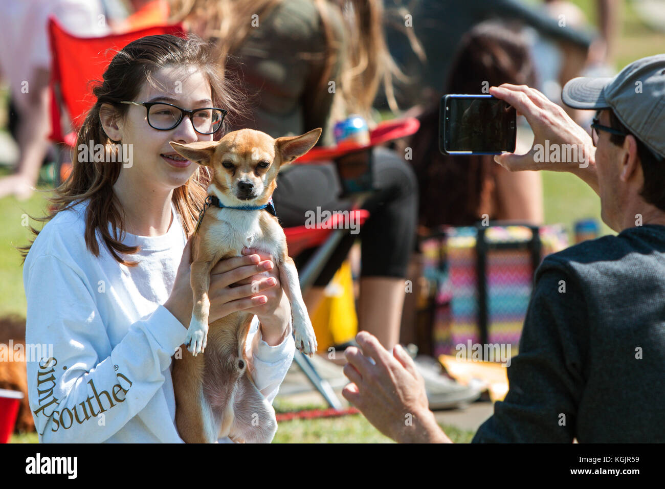 Suwanee, GA, USA - 6 mai 2017 : Une jeune femme lève son chihuahua jusqu'à prendre un smartphone photo Woofstock, un chien festival au centre-ville Suwanee Banque D'Images