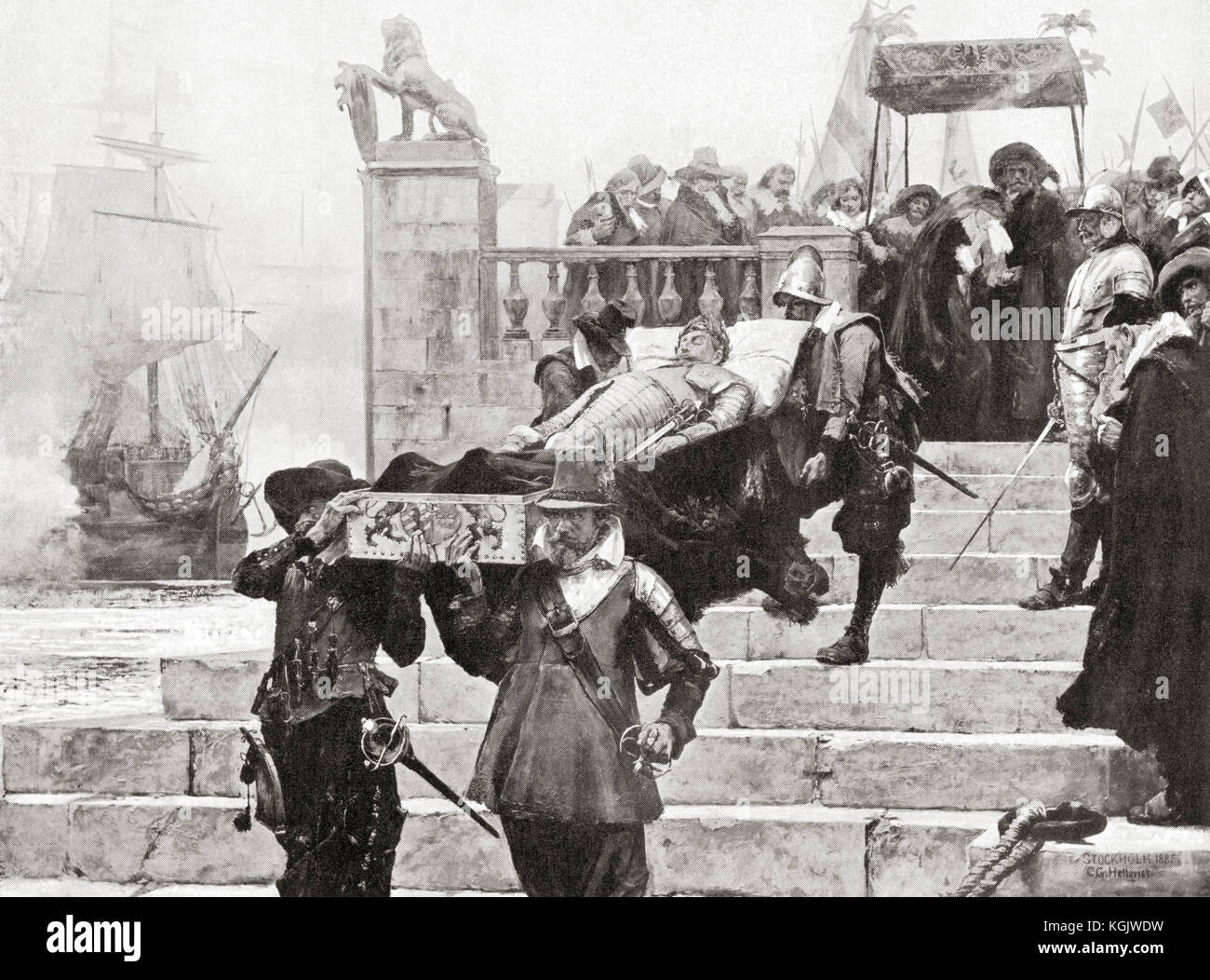 Transporter le corps de Gustavus Adolphus au navire de Wolgast pour le transfert en Suède après sa mort à la bataille de Lützen, le 6 novembre 1632. Gustav II Adolf, 1594 – 1632, alias Gustavus Adolphus ou Gustav II Adolph. Roi de Suède de 1611 à 1632. De l'Histoire des Nations de Hutchinson, publié en 1915. Banque D'Images