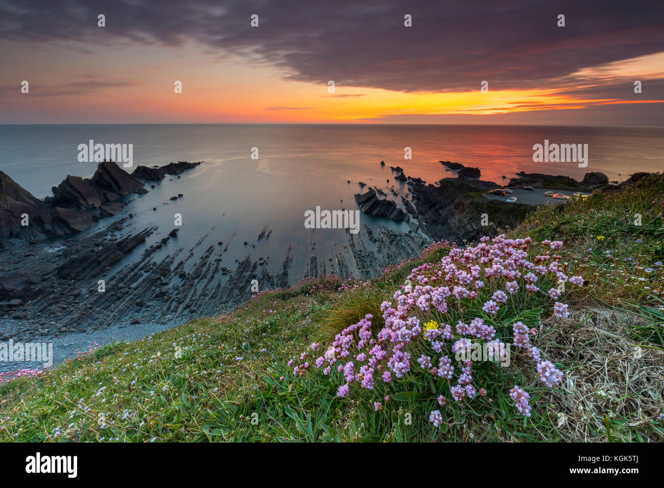 Hartland Quay; coucher de soleil; Devon; Royaume-Uni Banque D'Images