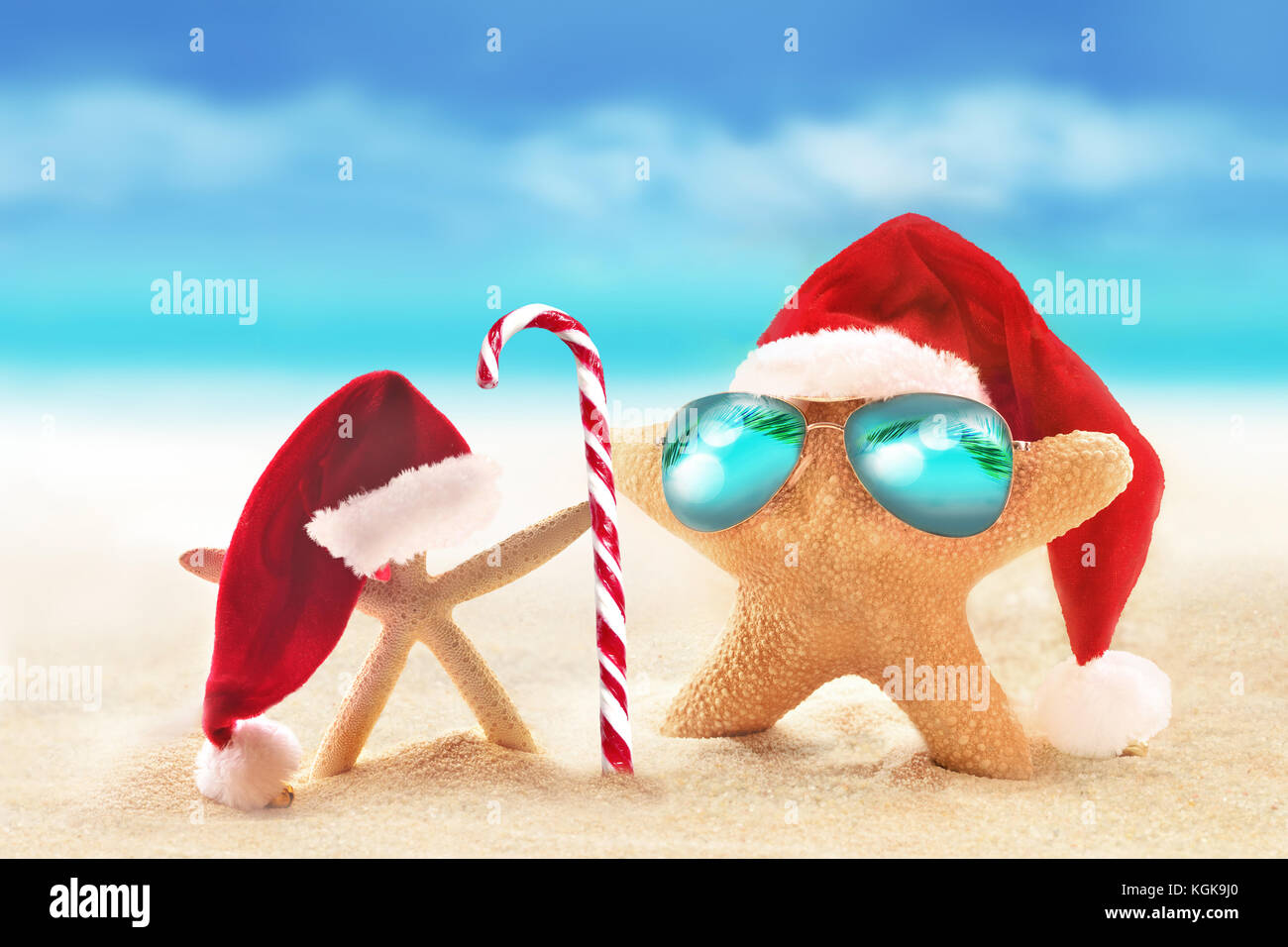 Dans l'étoile de mer sur la plage de l'été lunettes de soleil et chapeau de Père Noël. de noël. Banque D'Images