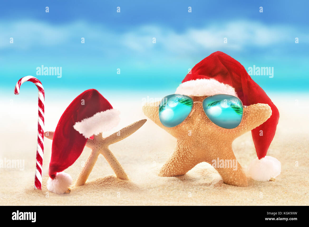 Dans l'étoile de mer sur la plage de l'été lunettes de soleil et chapeau de Père Noël. de noël. Banque D'Images