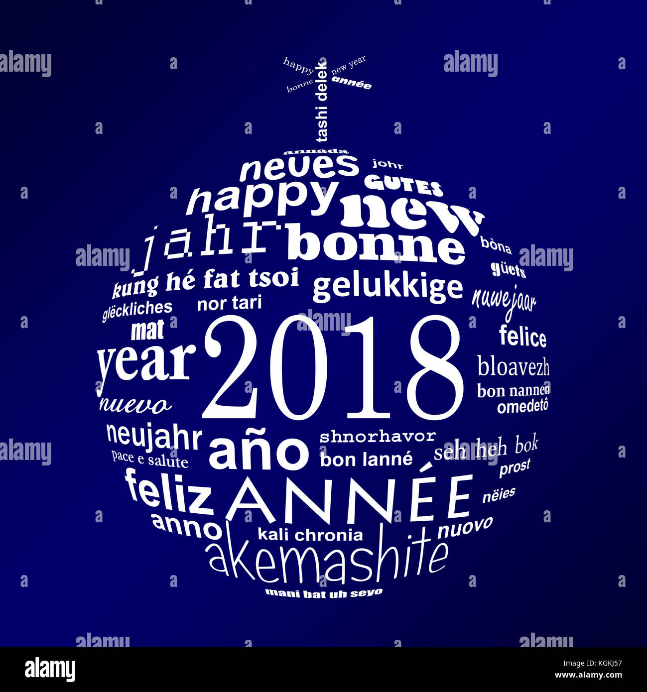 Nouvel an 2018 nuage de mots de texte multilingue carte de souhaits en forme de boule de Noël blanc sur fond bleu Banque D'Images