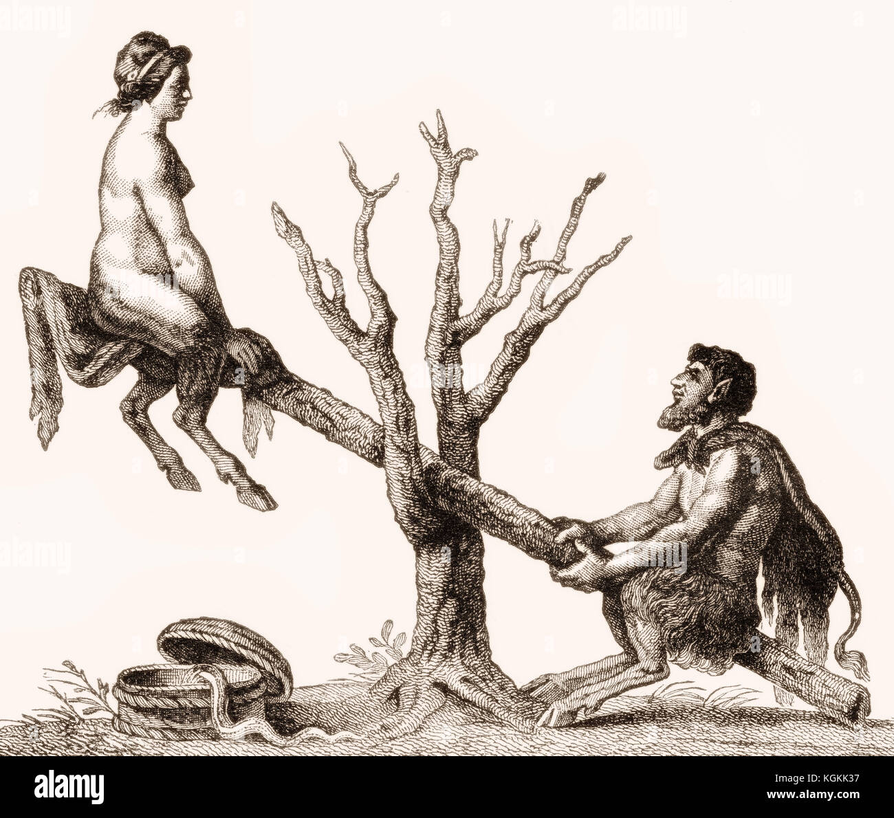 Caricature d'Adam et Eve sur une balançoire comme démons Banque D'Images