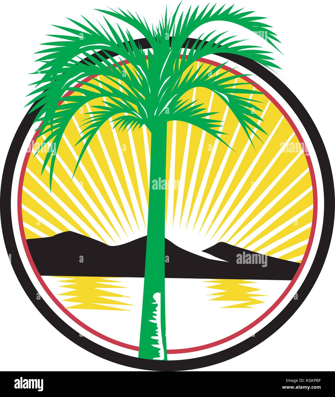 Retro style illustration d'un palmier royal avec la plage, la mer ou l'océan et montagne en arrière-plan défini à l'intérieur du cercle avec la solarisation isolées sur backgrou Illustration de Vecteur