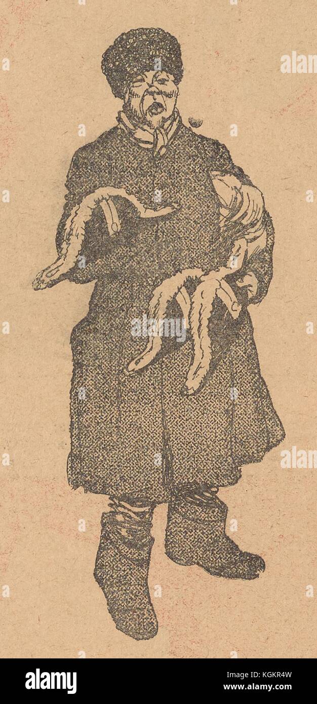 Illustration accompagnant une histoire du journal satirique russe Bich (fléau) représentant un homme en vêtements civils tenant des chapeaux armés, qui sont généralement portés par des officiers et des fonctionnaires militaires de haut rang, 22 mars 1917. Banque D'Images