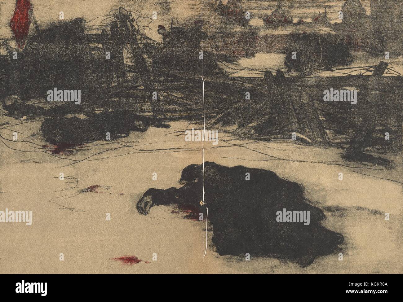 Illustration du journal satirique russe Gamayun d'un champ de bataille avec une fortification militaire et plusieurs hommes couchés sur le sol dans des flaques de sang, avec un drapeau rouge volant à côté d'eux et une ville vue au loin, 1906. Banque D'Images