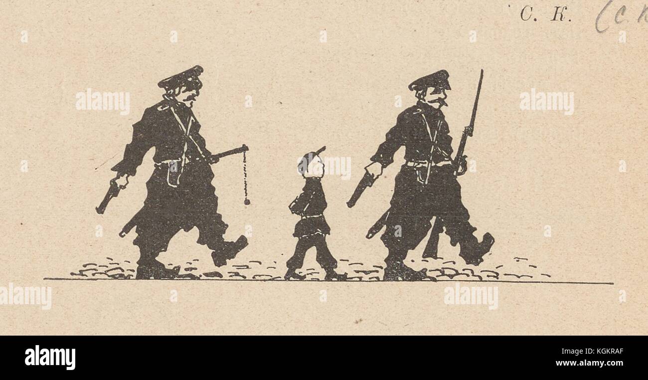 Caricature de la revue satirique russe rasputi na (au carrefour) montrant deux hommes en uniformes de policiers avec des armes marche avec un jeune garçon en uniforme d'entre eux, peut-être en état d'arrestation, 1906. Banque D'Images