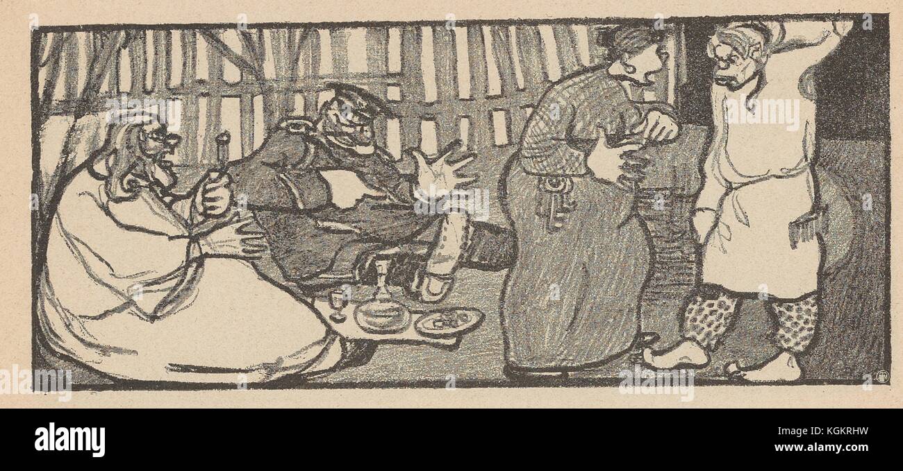 Caricature du journal satirique russe Na Rasputi (à la croisée des chemins) représentant une femme avec des clés suspendues autour de sa taille, probablement une propriétaire ou un aubergiste, parlant à un paysan, tandis qu'un policier et une figure religieuse mangent par terre, 1906. () Banque D'Images