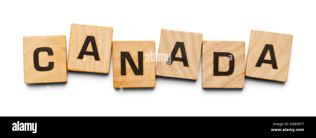 Canada écrits avec des tuiles en bois isolé sur un fond blanc. Banque D'Images