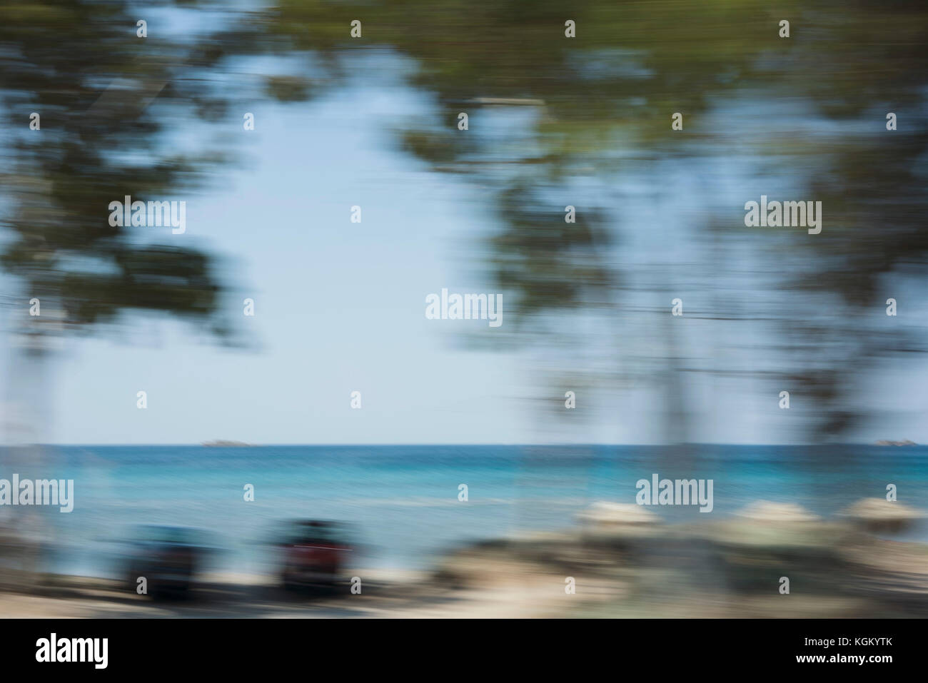 Blurred motion d'arbres par beach contre ciel clair Banque D'Images
