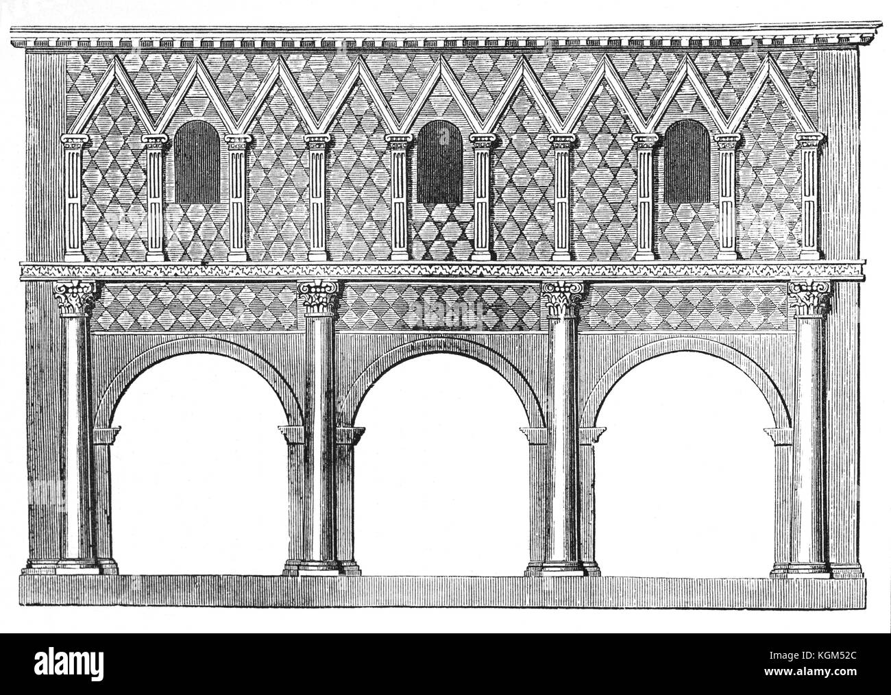 Un dessin architectural du portique de l'Abbaye impériale de Lorsch (fondée en 764), dans l'arrondissement de Bergstrasse, land de Hesse, en Allemagne. Il a été l'un des plus célèbres monastères de l'Empire carolingien et ses vestiges sont parmi les plus importants bâtiments pré-roman en Allemagne. Banque D'Images