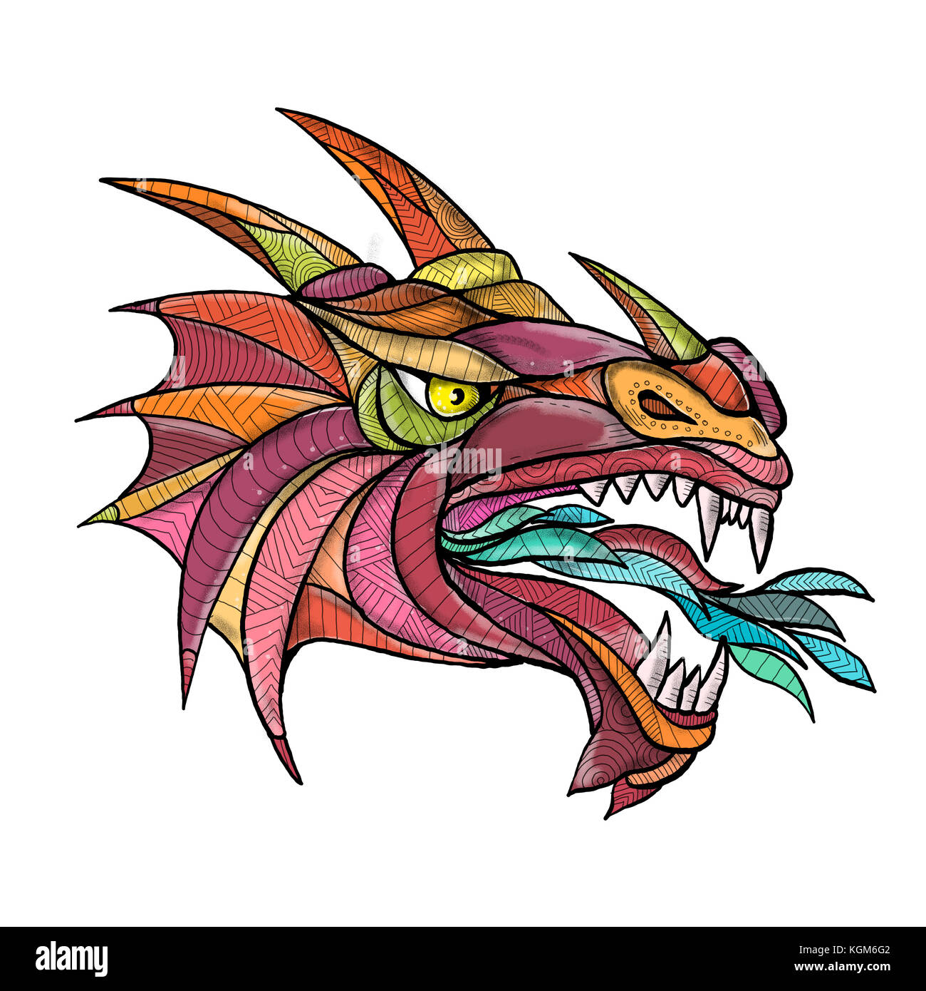 Style Mandala illustration d'une tête de dragon de feu respiration vu de côté sur fond isolé. Banque D'Images