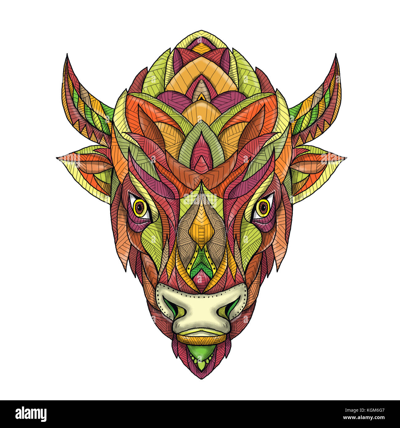Style Mandala illustration d'une tête de bison américain vu de l'avant sur des arrière-plan. Banque D'Images