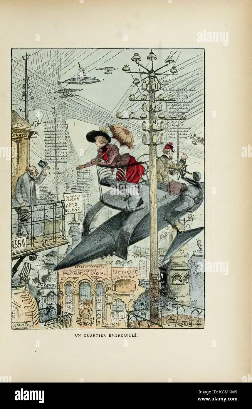 Albert Robida - page 171 Le vingtième siècle la vie électrique, 1893 - Un quartier embrouillé Banque D'Images