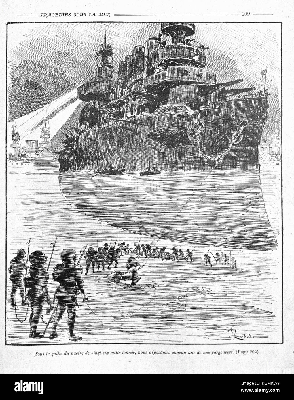 Albert Robida - la guerre infernale par Pierre Giffard et Albert Robida 1908 cuirassés et sous-mariniers Banque D'Images