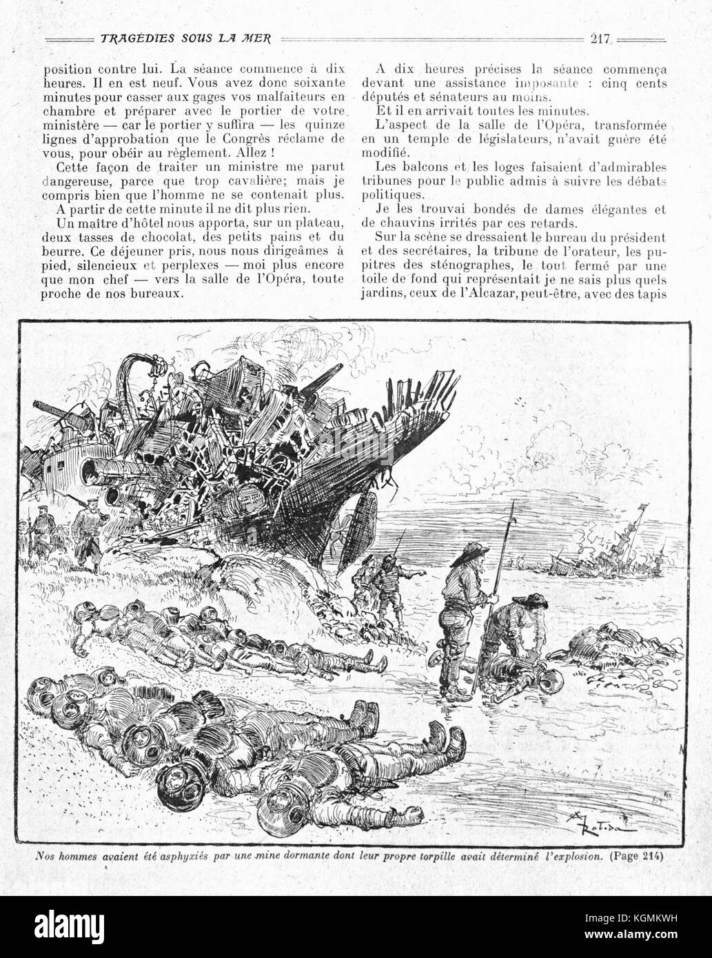 Albert Robida - la guerre infernale par Pierre Giffard et Albert Robida 1908 cuirassés détruits et tués sous-mariniers Banque D'Images