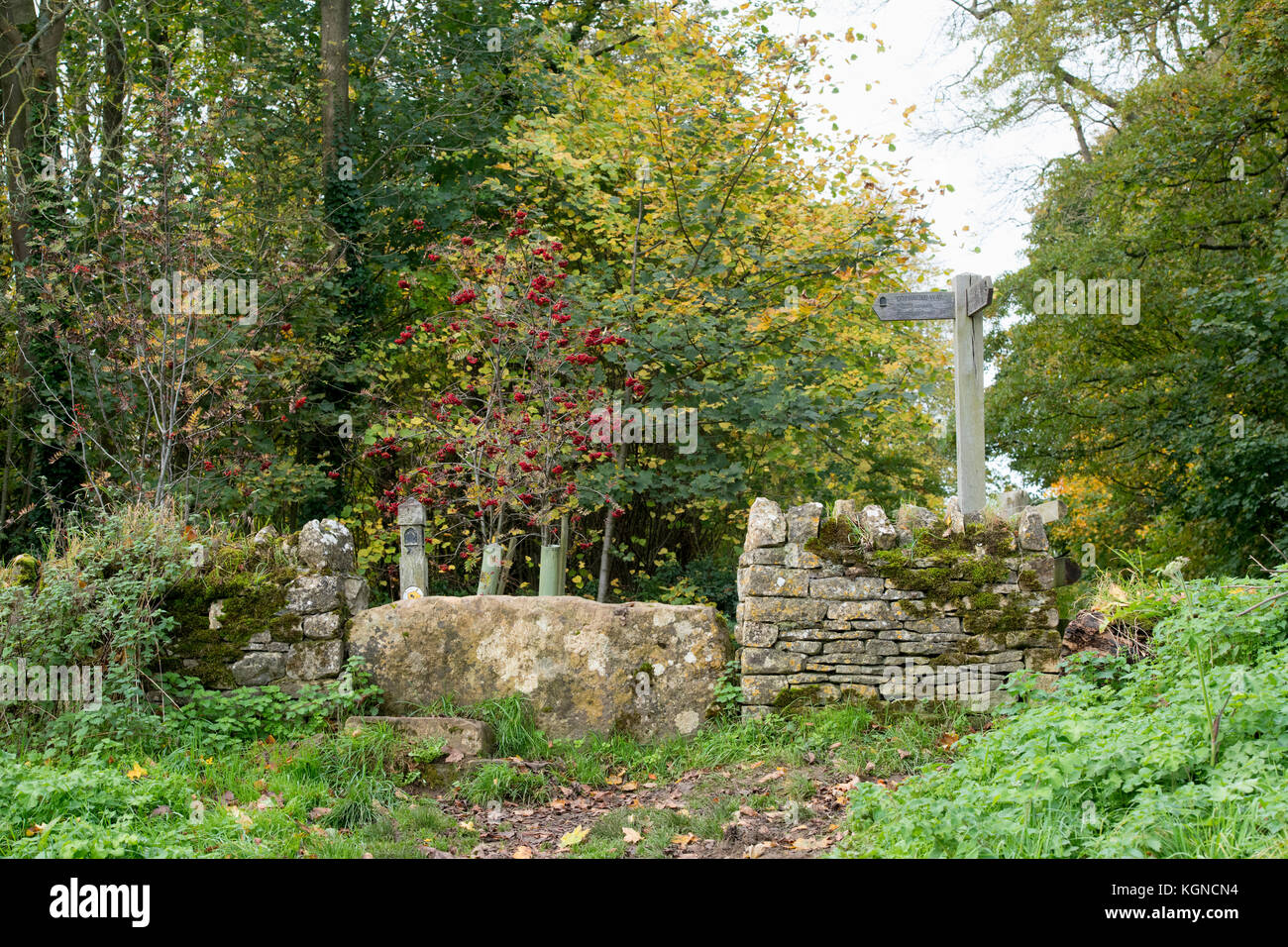 Cotswold Way sign et pierre stile en automne. Chipping Campden, Gloucestershire, Angleterre Banque D'Images
