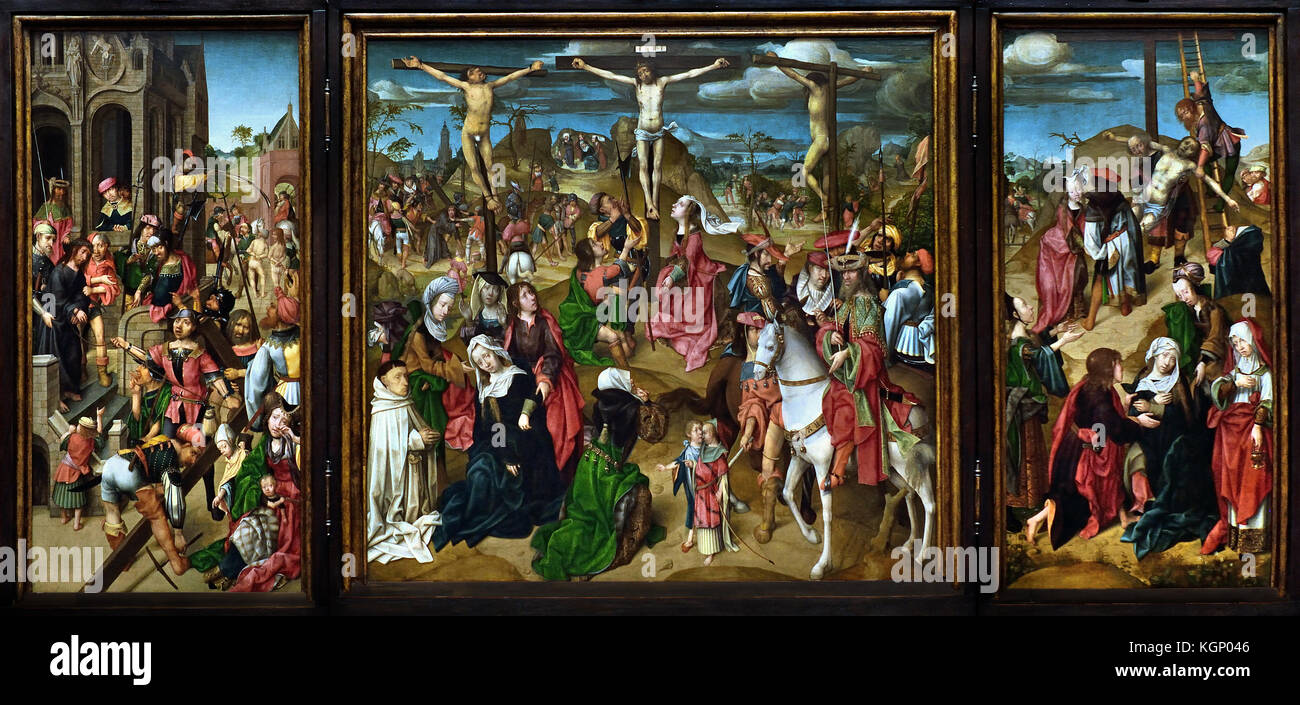 Triptyque : Scènes de la Passion du Christ 1510 par le maître de Delft début 16ème siècle actif Pays-bas néerlandais ( La Crucifixion - Le dépôt : panneau de droite - Scènes de la Passion du Christ : panneau de gauche ) Banque D'Images