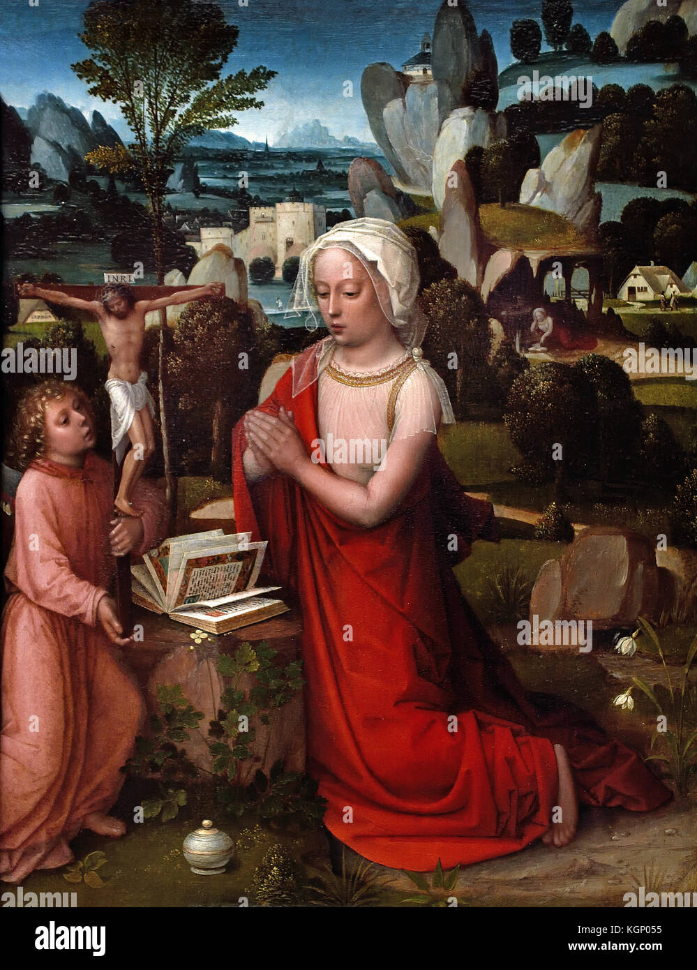 Dans un paysage de la Madeleine Albert Cornelis 1512 active,est mort 1531, Bruges, Belgique, Belge, flamand, ( Marie Madeleine est en prière devant un crucifix et un livre qui est tenue par un ange ; le pot contenant l'onguent avec laquelle elle a oint Christ est au premier plan. ) Banque D'Images