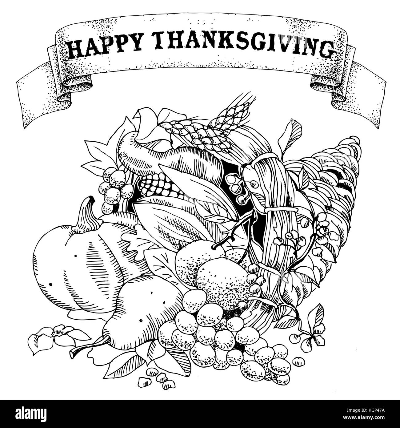 Illustration d'un thanksgiving cornucopia plein de cueillir les fruits et les légumes Illustration de Vecteur