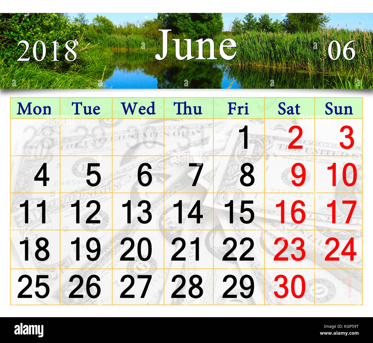 Calendrier de juin 2018 sur l'arrière-plan de lake forest. calendrier pour l'impression et l'aide dans la vie de bureau. Banque D'Images