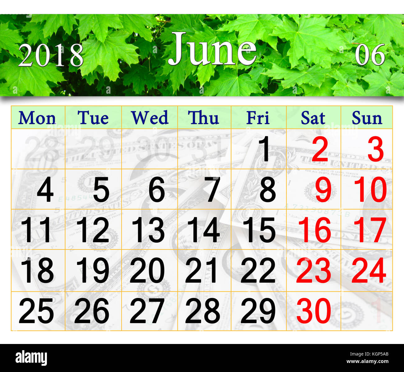 Calendrier de juin 2018 sur l'arrière-plan de feuilles de l'érable. calendrier pour l'impression et l'aide dans la vie de bureau. Banque D'Images
