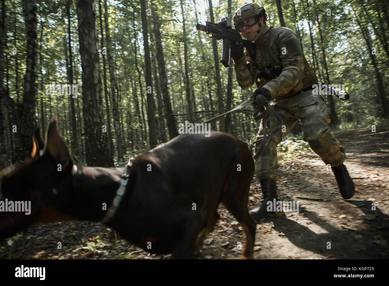 Image de joueur d'airsoft avec doberman et mitraillette Banque D'Images