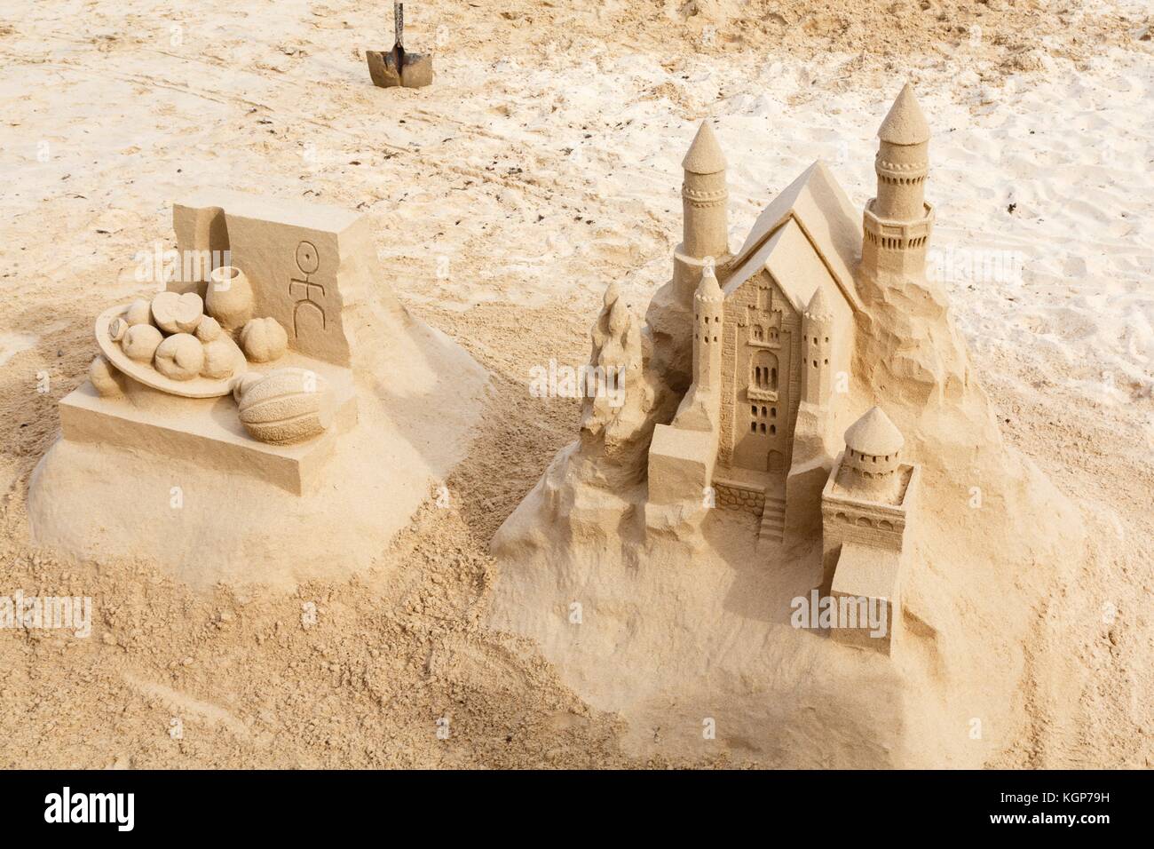 Art de sable sculptures de sable sur une plage de Fuerteventura, Îles Canaries Banque D'Images