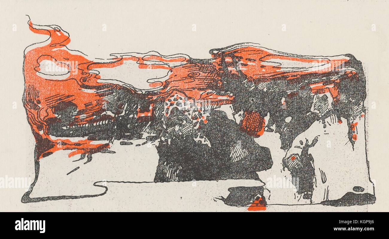 Illustration de la revue satirique russe Plamia (Flame) représentant une femme dans un foulard et un homme dans une chemise blanche avec une ligne de personnes derrière eux, avec un train en arrière-plan, 1905. () Banque D'Images